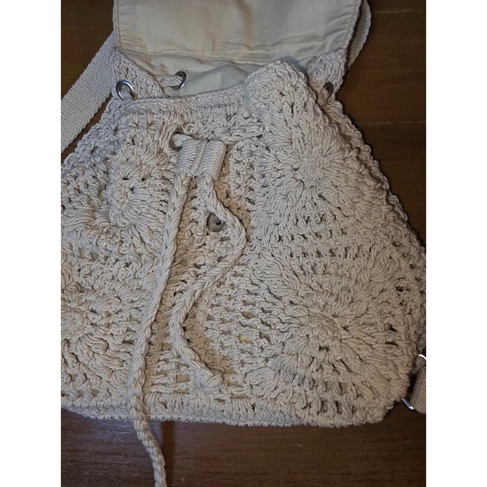 Handmade Crochet Mini Backpack Cream Boho Knit Drawstring Festival Bag Sunflower